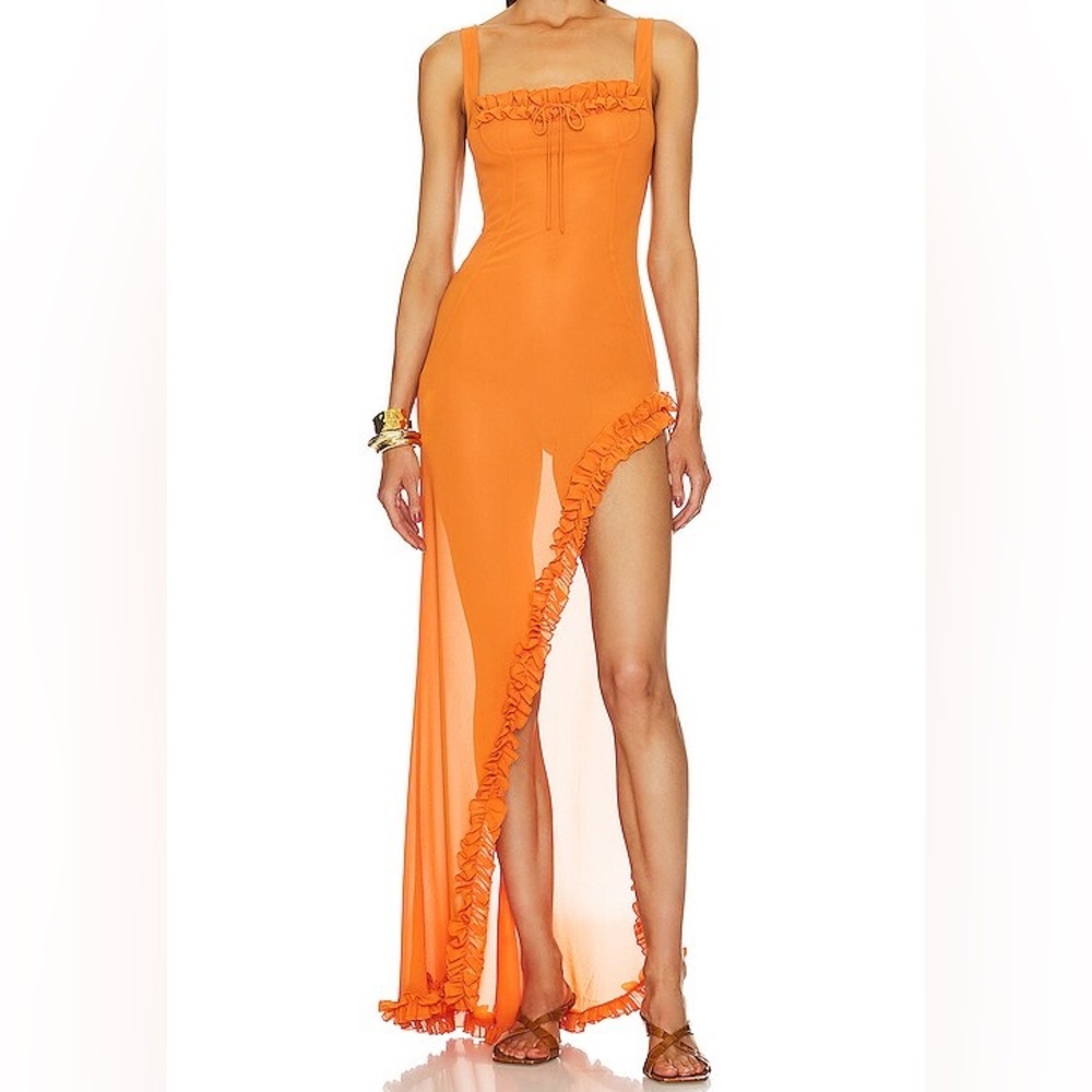 Helsa sheer ruffled gown in orange size S